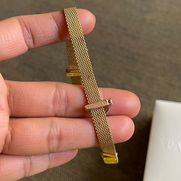 Pandora 14k Gold Plated Reflexion Mesh Bracelet w/ Pandora Charms & Safely Chain - Picture 6 of 15